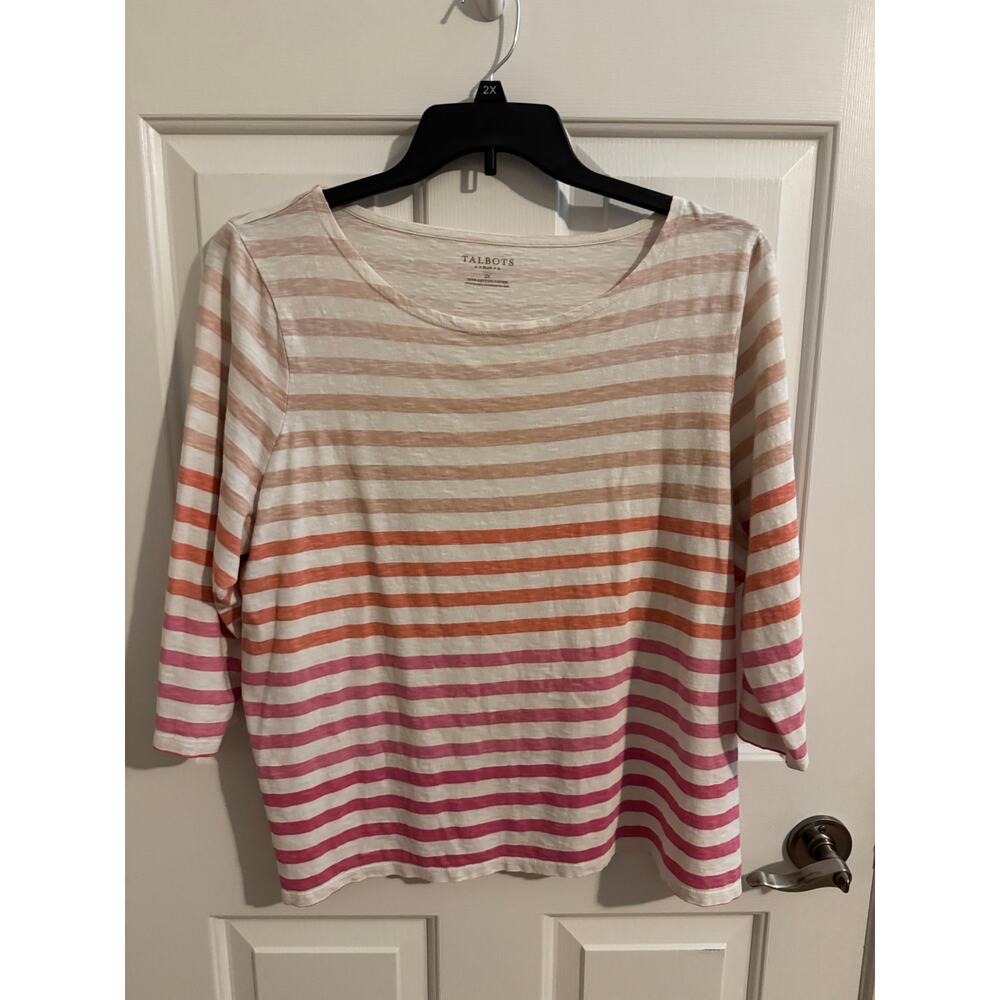 Talbots 3/4 sleeve 100% Cotton Ombre Striped T Shirt White Pink Plus 2X